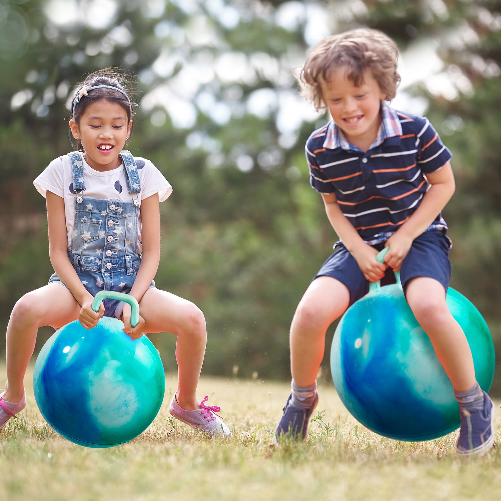 PLAYZAP Hopper Ball, Bouncy Ball with Handle for Kids, 18-inch Hippity Hoppity Hop Bounce Ball Toys, Sit and Bouncing Ball with Pump, Boys Girls Jumping Hopping Ball Gifts -Blue Cloud