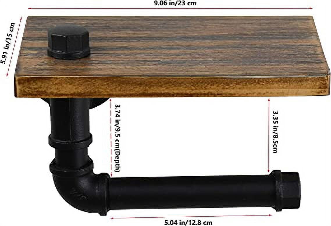 Nvzi Rustic Toilet Paper Holder Pipe with Shelf Industrial Toilet Roll Holder Wall Mount Farmhouse Wooden Toilet Tissue Paper Holder for Bathroom(Black)
