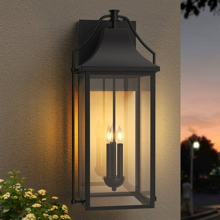 Lawyettle 25" Large Outdoor Wall Lantern, Dusk to Dawn Black 3-Light Sconce with Glass for Front Door, Garage, Porch