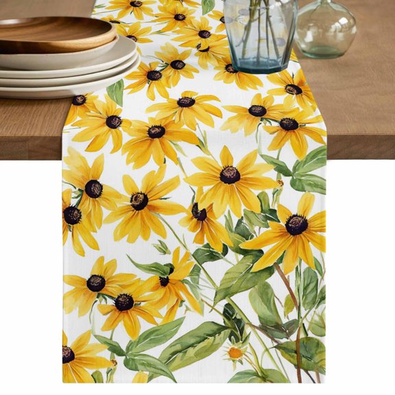 Sunflowers Table Runner 70 Inches, Yellow Botanical Floral Green Leaf Bed Runner Dresser Scarves Tabletop for Indoor Outdoor Parties/Ceremony/Banquet, 13" x 70"