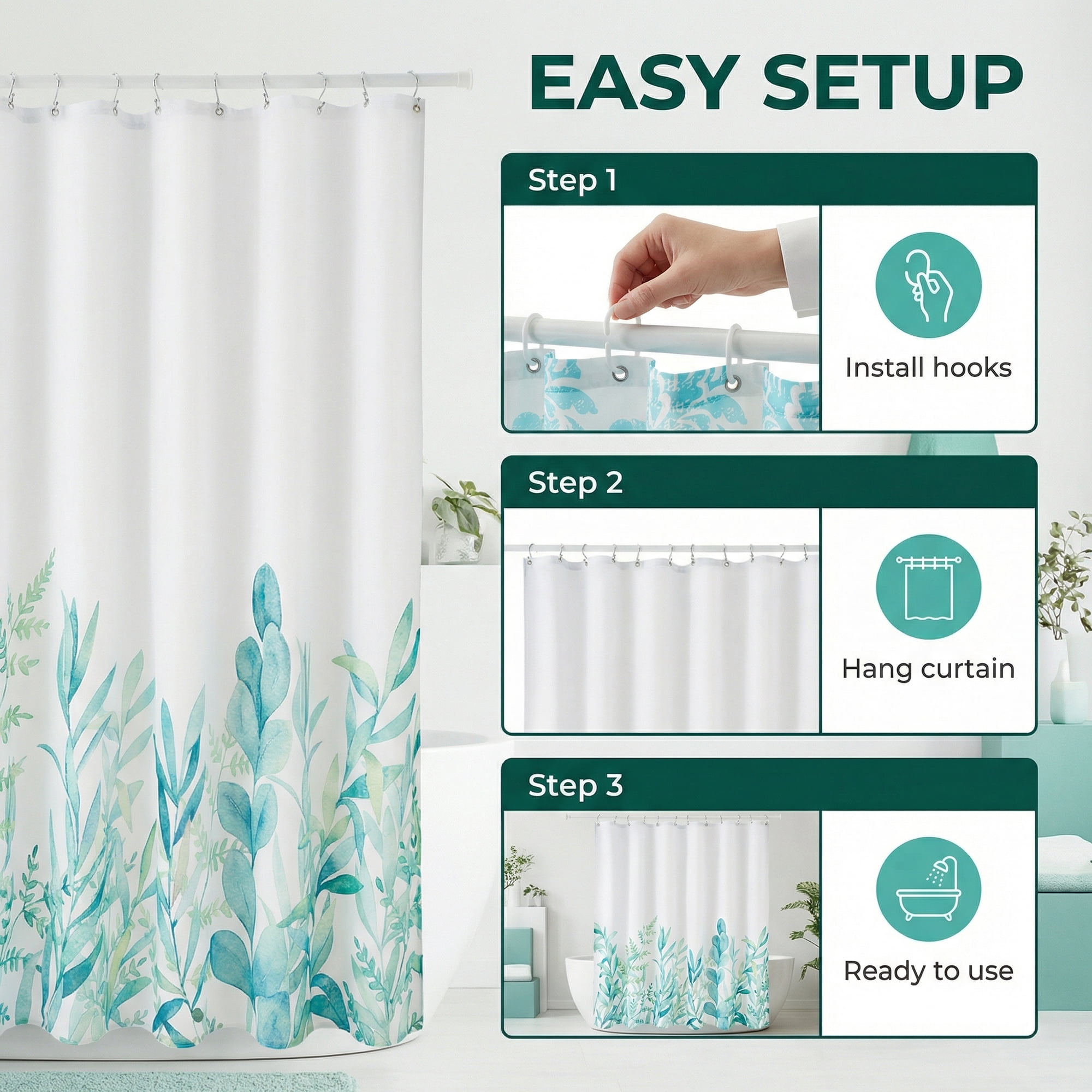 Unique Bargains Bohemian Waterproof Shower Curtain Sets with Hooks Green 71"W x 71"L