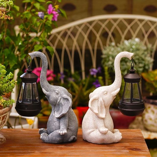 VONKY Elephant Decoration For Gardens Outdoor Statues With Solar Lantern Beautiful Statue With Solar White 2Set