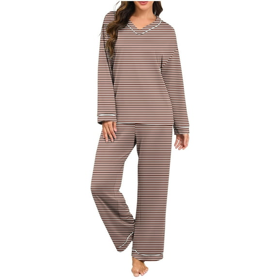 Uaswgudfs Women's Striped Pajama Set V-Neck Long Sleeve Loose Loungewear Top & Pants 2-Piece Casual Sleepwear Outfit for Women Daily Wear & Sleeping Brown L