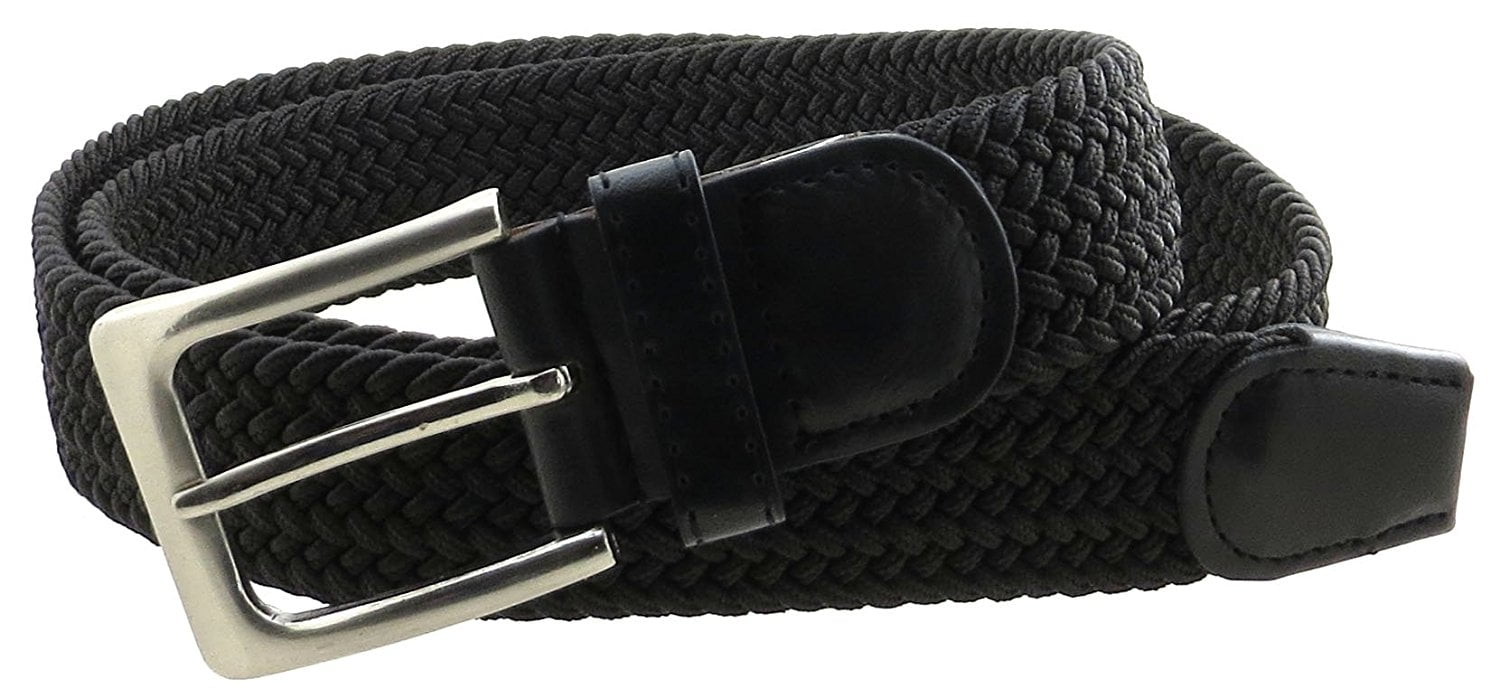 Mens Braided Elastic Stretch Belt Leather Tipped End and Silver Metal