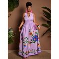 thumbnail image 3 of Plus Size Purple Floral Print Halter Deep V-Neck A-Line Maxi Dress, 3 of 6