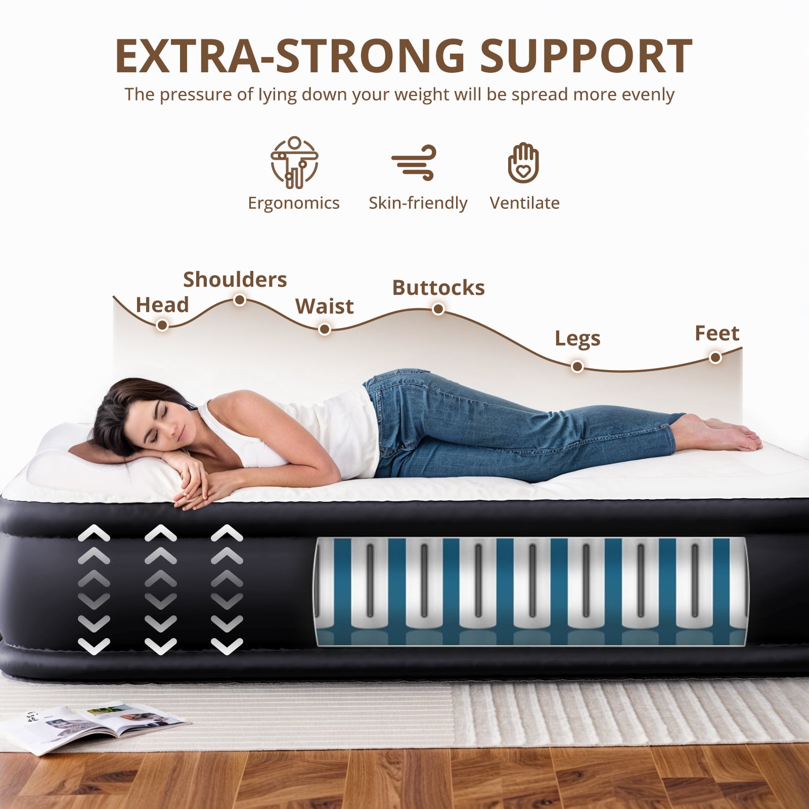 Atilioo Air Mattress with Built-in Pump, Inflatable Airbed, High Durability Blow Up Mattresses for Camping Home Camping Travel, 660lb Max, Twin Size 16 Inch, Black