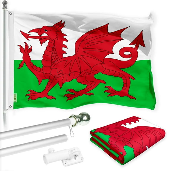 G128 Combo Pack: 6 Ft Tangle Free Spinning Flagpole (Silver) & Wales Flag 3x5 Ft Printed 150D Polyester, Brass Grommets (Flag Included) Aluminum Flag Pole