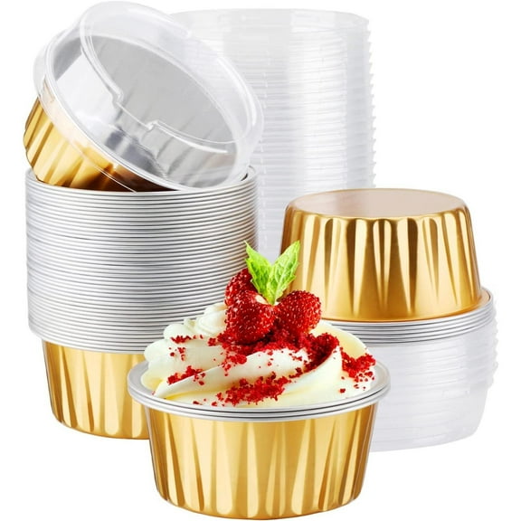 50 Pack Aluminum Foil Baking Cups with Lids 5 oz Disposable Ramekins Mini Cake Pans Creme Brulee Cupcake Liners Muffin Tins Flan Mold Dessert Container for Wedding Birthday Party (Gold)