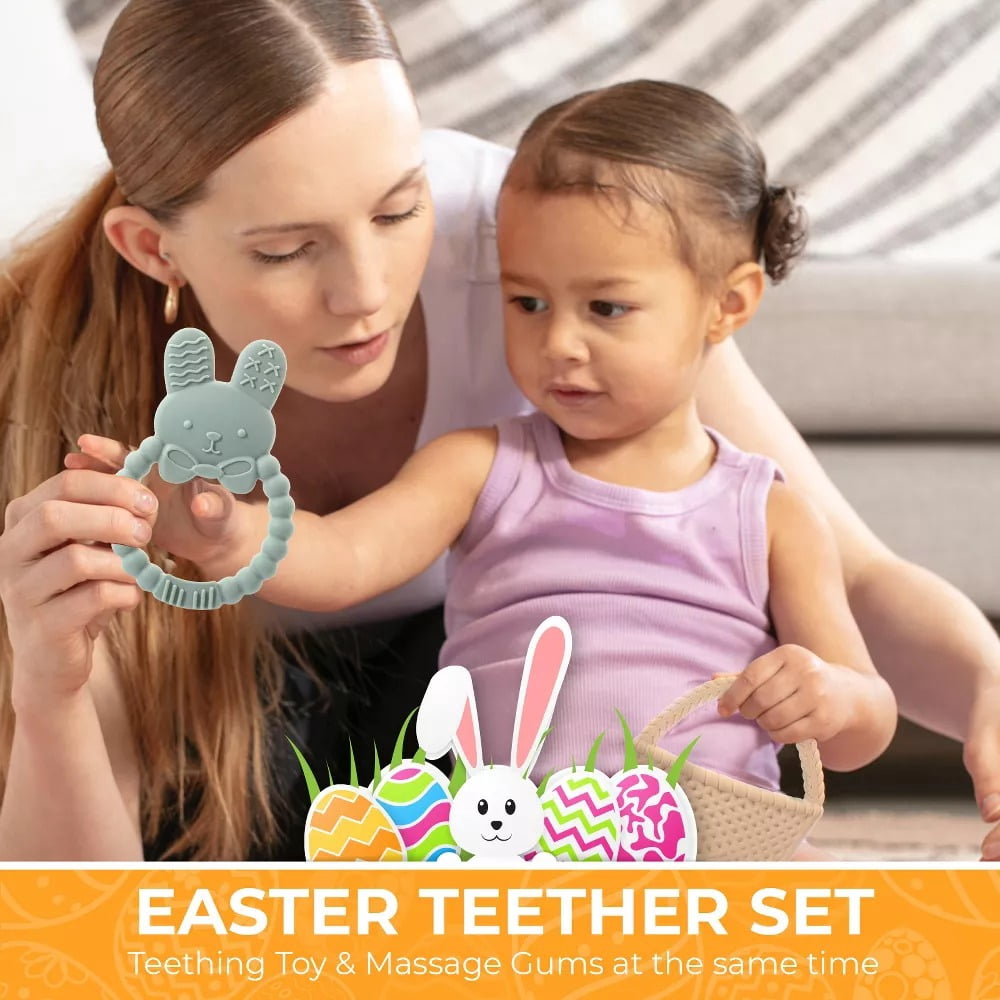 Sperric Easter Plush and Teether Baby Playset -Squeaky Bunny, Chicken, Easter Egg, Plush Toys & Silicone Teethers - Perfect Gift for Newborns & Babies