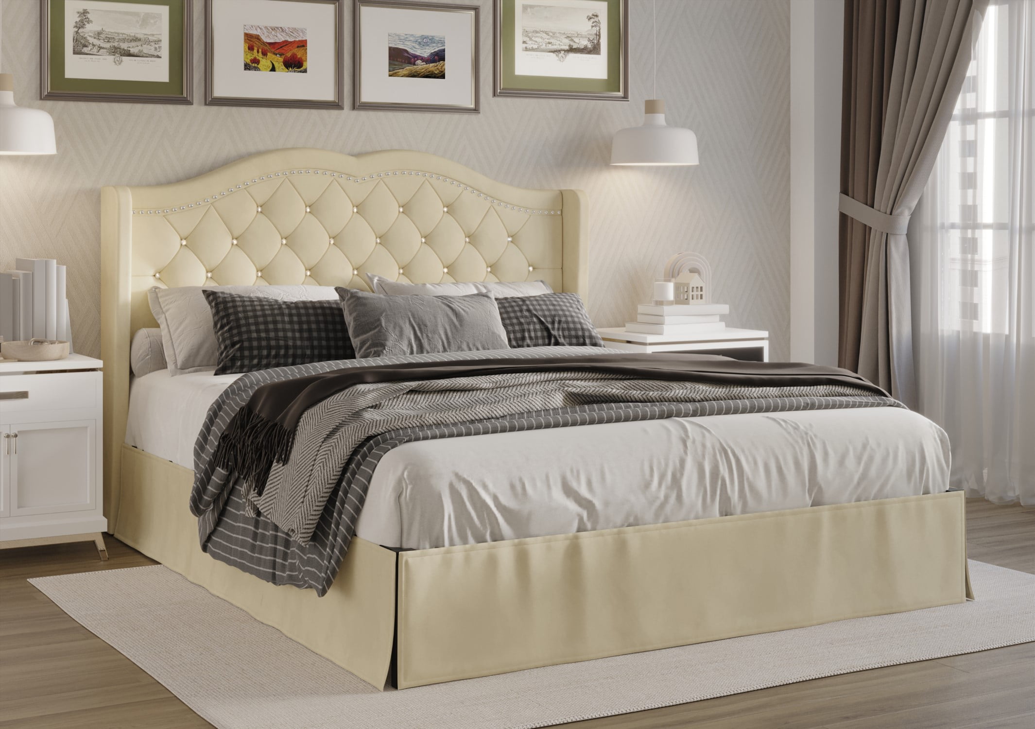 Home Design Bruce King Tufted Upholstered Platform Bed Frame with Wingback Headboard and Nailhead Trim, Beige, Easy Assembly