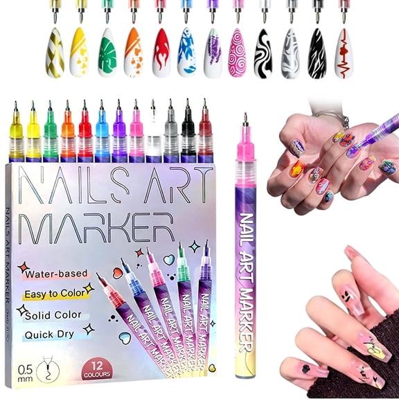 Nail Polish Pens, 12-Color Nail Art Pens for Kids, Nail Art Markers with Fine-Liner Brush for Drawing, Painting and DIY Manicure Designs