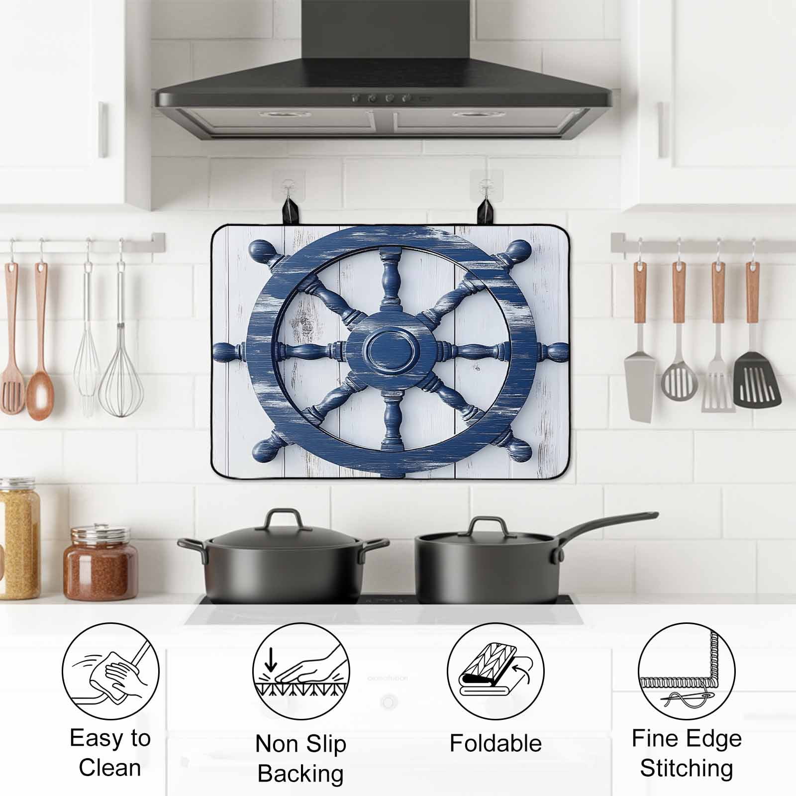 Blue Coastal Stove Top Cover for Electric Stove, Heat-proof & Non Slip Glass Top Stove Cover Protector, Nautical Summer Beach Ocean Kitchen Flat Cooktop Rubber Mat 31x24 Inches