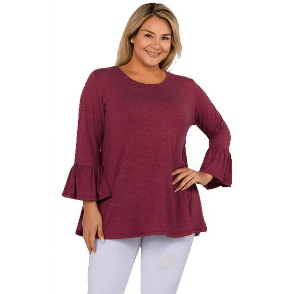 YELETE Women's 3/4 Bell Sleeve Top - Plus Size, Burgundy XL