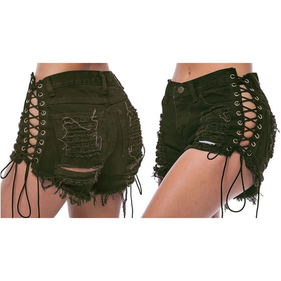 Women'S Distressed Side Grommet Lace Up Stretchy Denim Shorts Summer Hot Pants Casual Streetwear 198 Army Green XL