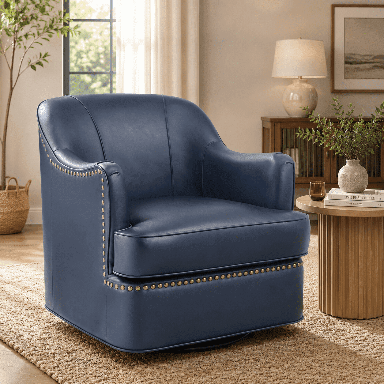 Carolayne Leather Accent Chair, 360°Swivel Accent Chair, Modern Barrel Accent Armchair Waterproof for Living Room, Blue
