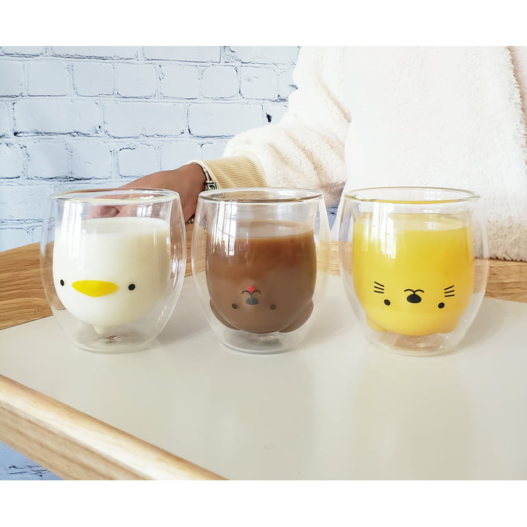 Cute Double Wall Glass Cup - Cat, Bear, Duck, Dog, Pig, Narwhal - Cute  Coffee Cup - Tea Cups - 375ml (Cat)