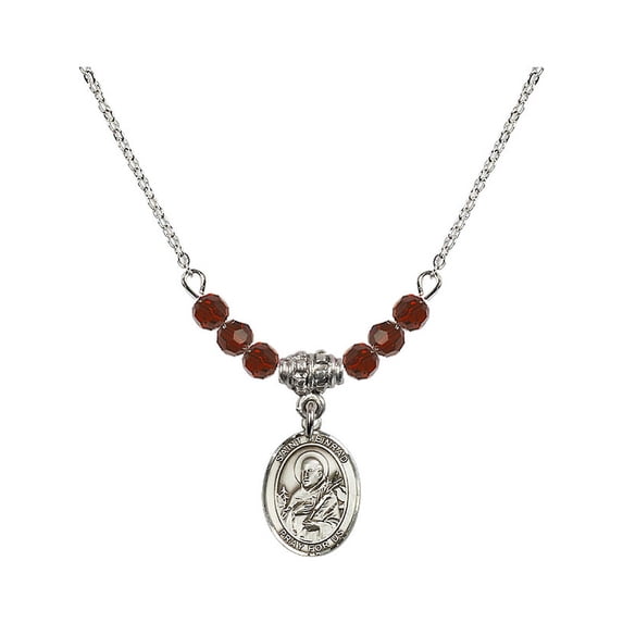 18-Inch Rhodium Plated Necklace with 4mm Red January Birth Month Stone Beads and Saint Meinrad of Einsiedeln Charm