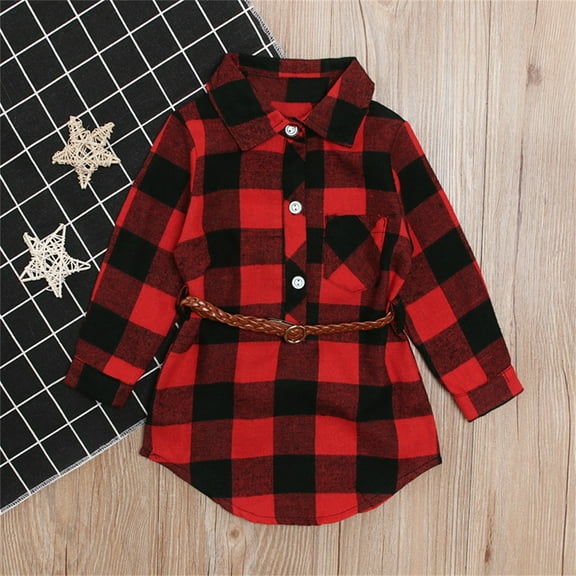WOYY Infant Girl Red Plaid Button Down Shirt Dress Casual Pleated Mini Dress With Belt