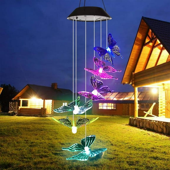 QiShi Solar Wind Chimes Outdoor, Waterproof Solar Butterfly Wind Chimes Color Changing LED, Hanging Decorative Romantic Patio Lights for Yard Garden Home Party