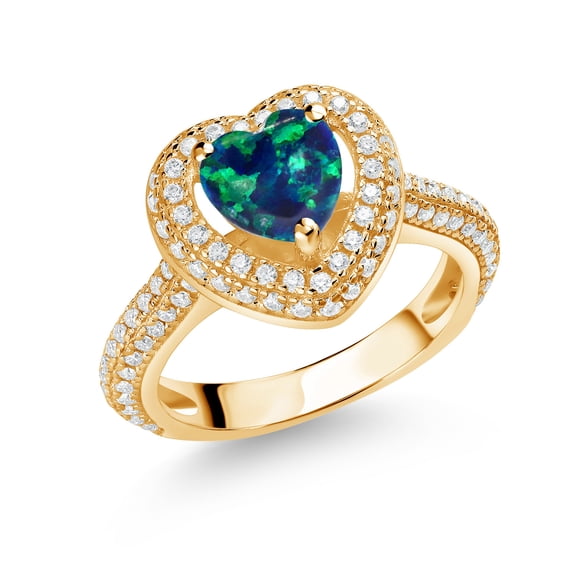 Gem Stone King 18K Yellow Gold Plated Silver Green Opal and White Moissanite Heart Shape Ring for Women (1.37 Cttw, Size 8)