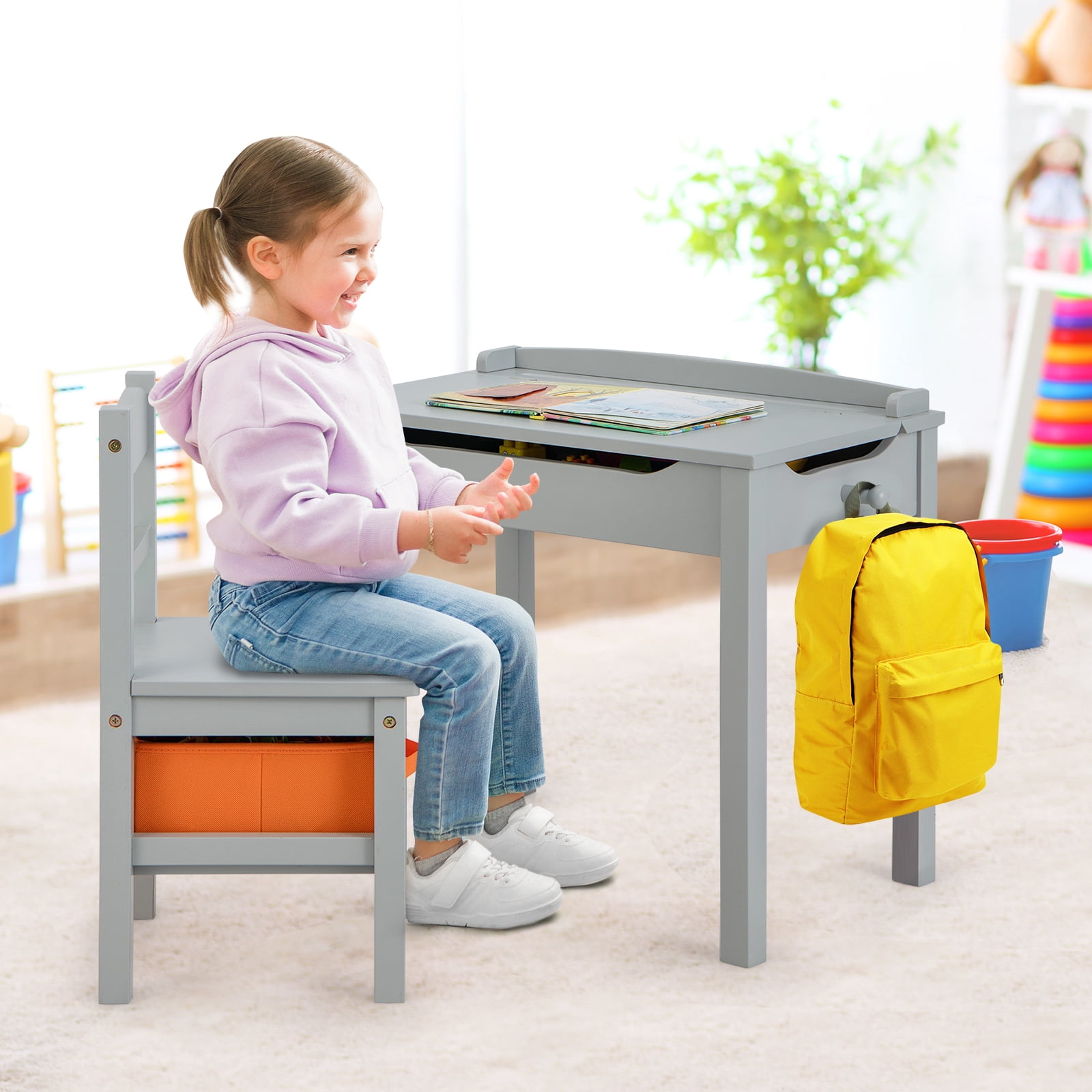 Gymax Kids Table and Chair Set Wood Activity Study Desk w/ Storage Drawer Hook Grey
