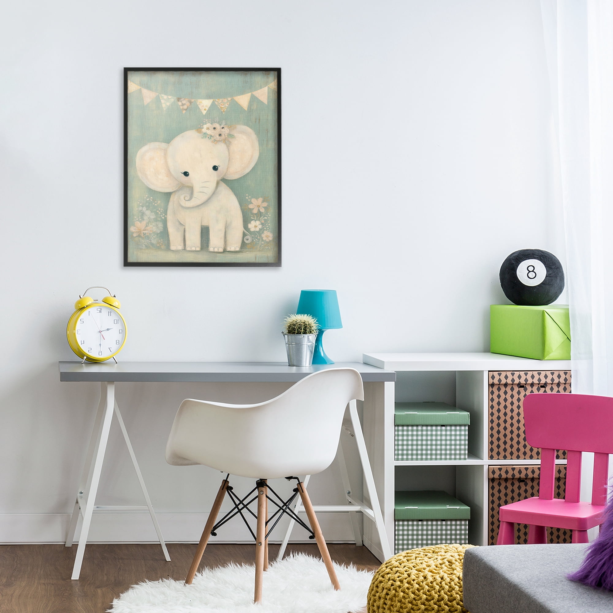 Stupell Industries Elephant with Overhead Banner Black Framed Giclee Art, design by Ink Drop Loft