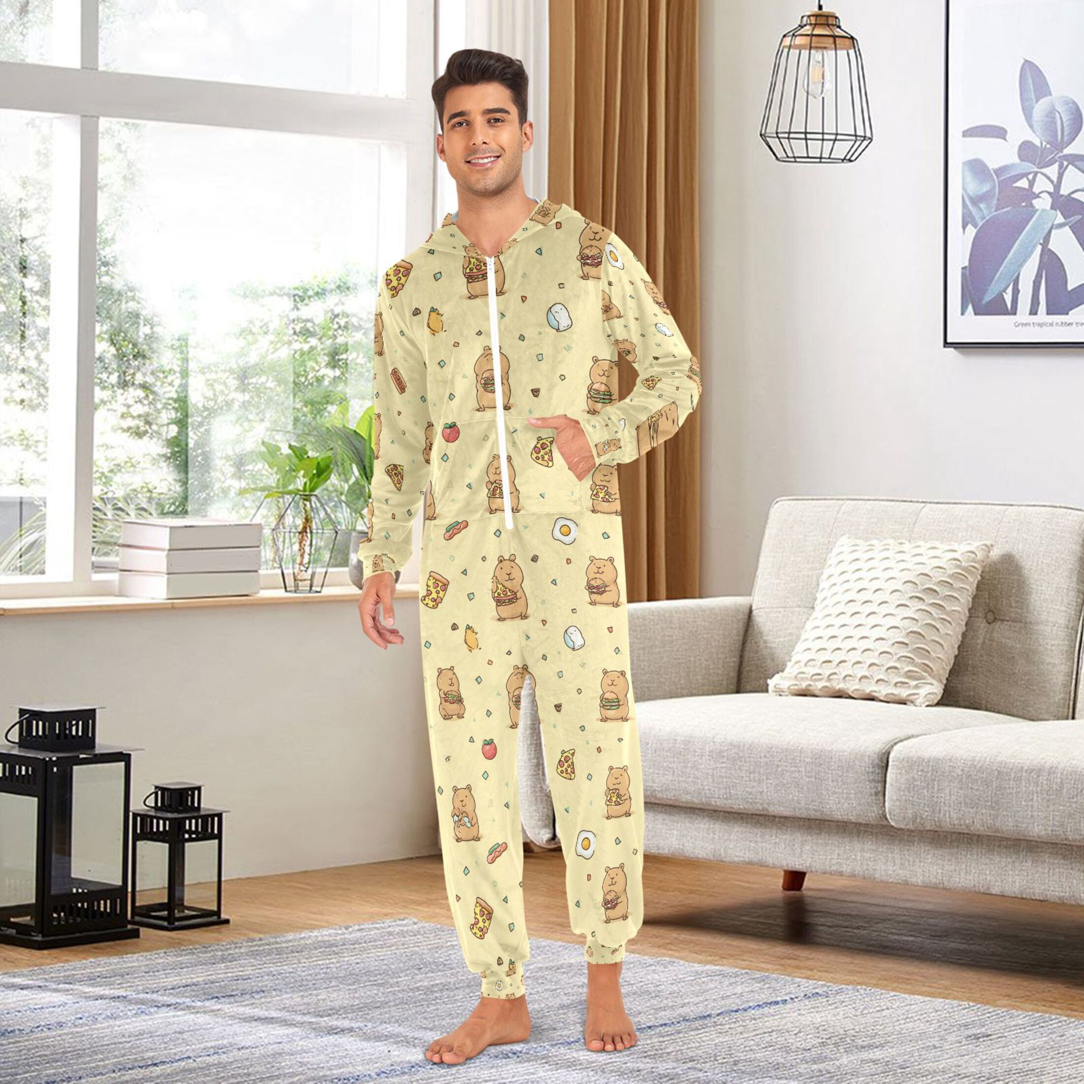Adult Christmas Onesie Sakapibara Adult Zipper One-Piece Pajamas Unisex Pajamas with Pockets