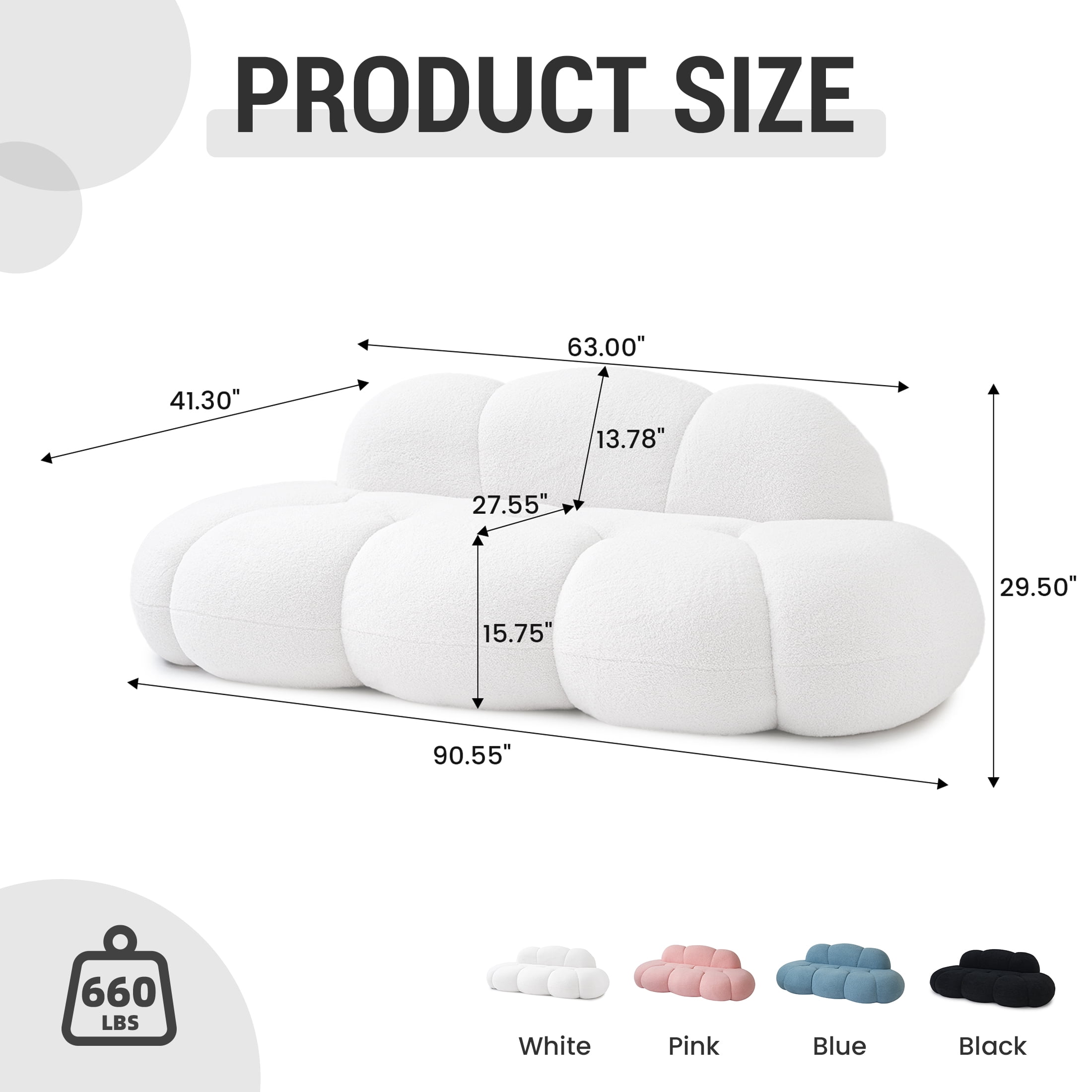 90" Modern Curved Cloud Shaped Couch for Living Room, Boucle LoveSeat 3 Seater Sofa, Upholstered Cloud Couch for Bedroom, Apartment, Small Space (White, No Assembly Required)