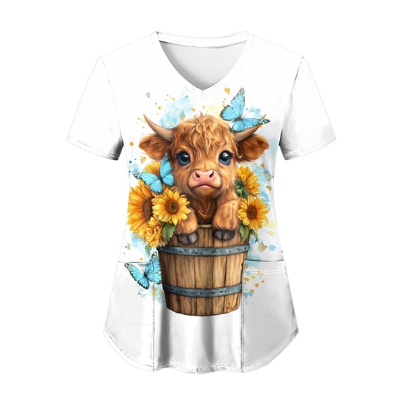 felwors Scrub Tops for Women Short Sleeve V Neck Working Nurse Uniform Plus Size Sunflower Printed Medical Shirt (Light Gray, S)