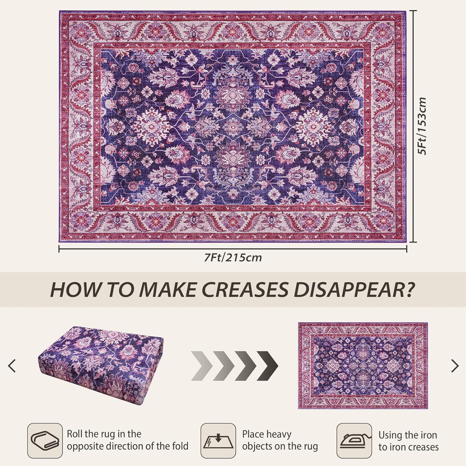Homore Vintage Boho Traditional Oriental Faux Wool Area Rug, 4' x 6', Purple