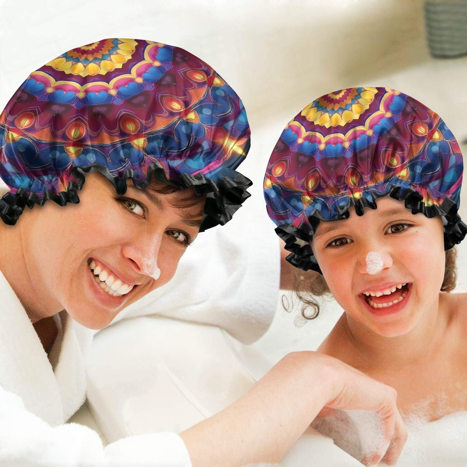 Shower Caps,Colorful Tie Dye Luminous Mandala Pattern Waterproof Shower Cap for Women 4 Pieces,Double Reusable Hair Cover for Shower PEVA Elastic Stretch Hem