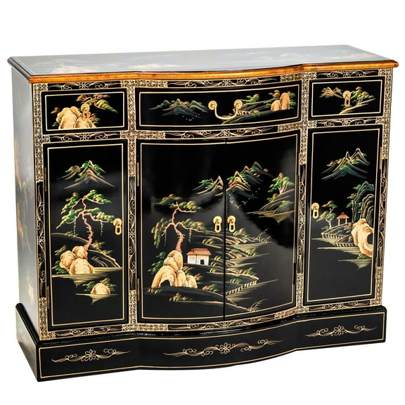 Red Lantern Black Lacquer Curved Sideboard - Landscape