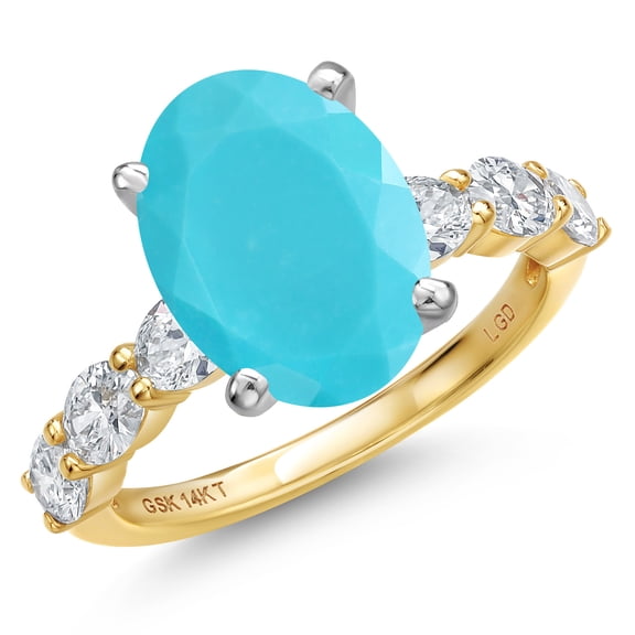 Gem Stone King 14K Two Tone Gold Green Turquoise and Lab Grown Diamond Engagement Ring for Women | 3.90 Cttw | Oval 12X10MM | Gemstone Birthstone | Size 8