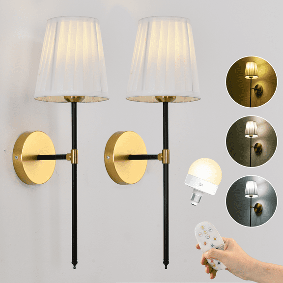 Set Of 2 Wireless Wall Sconces, Battery Operated & Rechargeable With Remote, Dimmable 10-color Led Lights, Gold Indoor Lamps For Bedroom, Living Room, Hallway