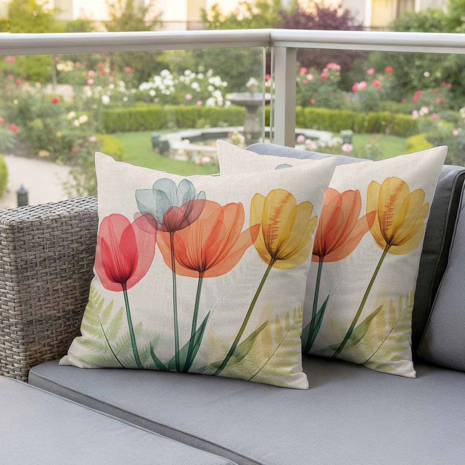Spring Retro Pillow Covers 2 Pack Orange Yellow Red X-ray Tulips Flower Leaf Pillowcase Waterproof Outdoor Throw Pillow Cover for Patio Garden Square Cushion 18”x18”