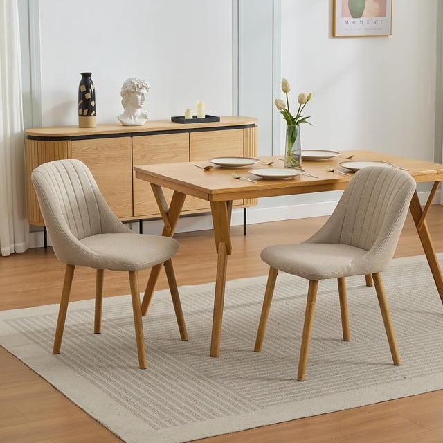 Set of 2 moderno beige fabric dining sillas con forrado asientos, curved backrests, y oak legs