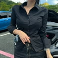 thumbnail image 2 of Yigetop Tight Button Up Shirts for Women, A Comfortable Feminine Long Sleeved Shirt with A Turned Up Collar That Shows off The Figure Fitted Blouse Black L, 2 of 4