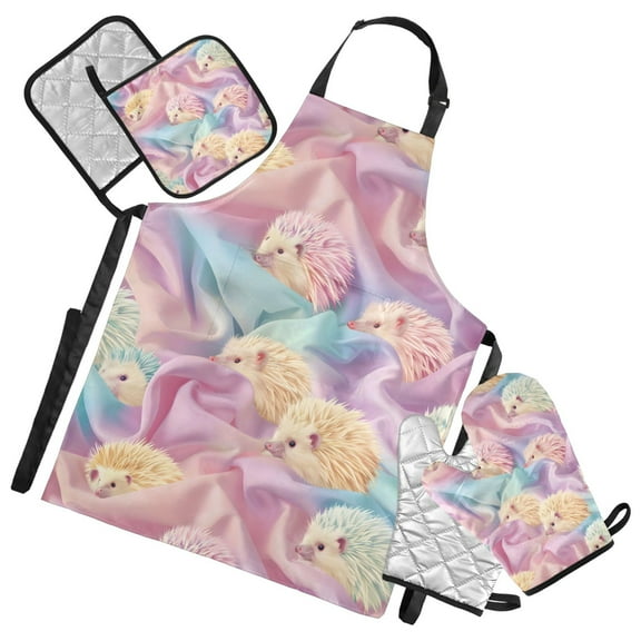Hedgehog on Cloth 5 Pcs Kitchen Set Heat Resistant Oven Mitts and Non-Slip Pot Holders with Adjustable Cooking Apron