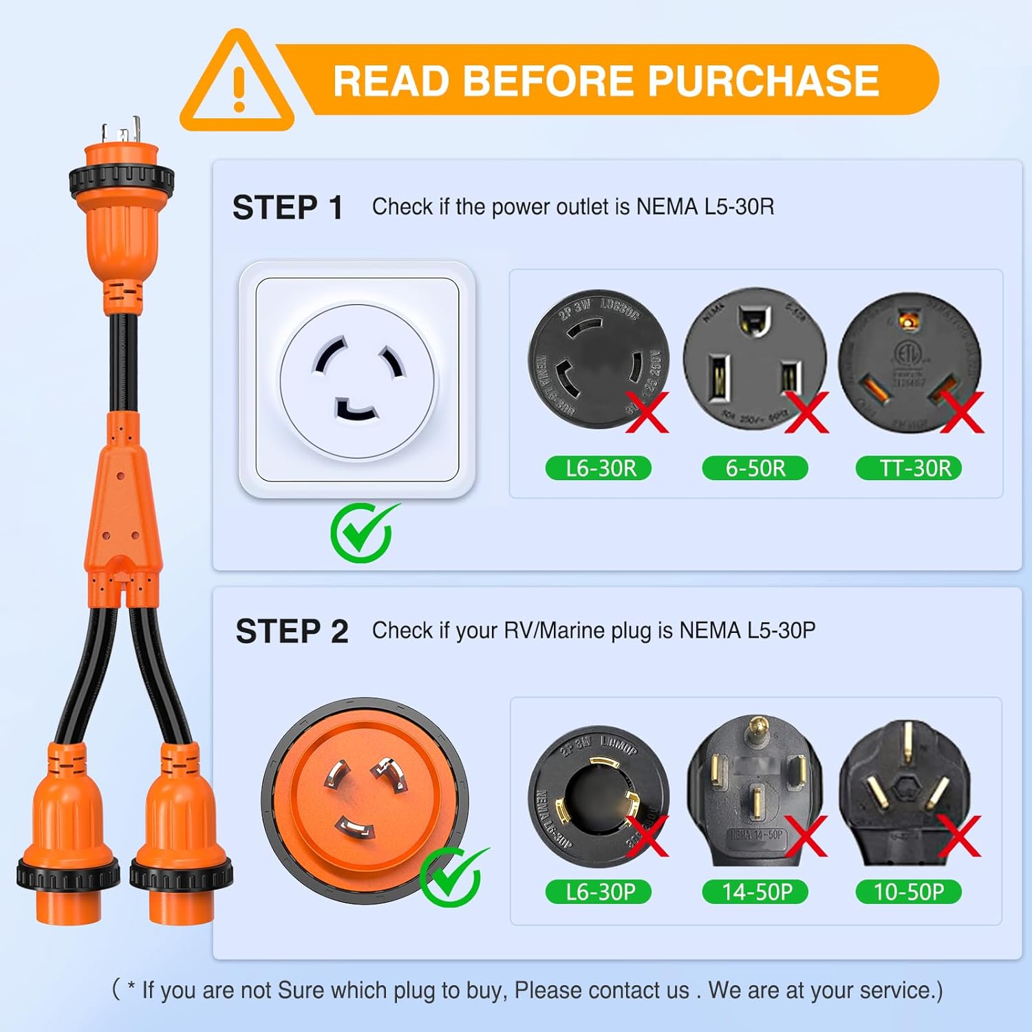 Nilight 30 Amp RV Marine Boat Shore Power Y Splitter Adapter Cord NEMA L5-30P L5-30R 125V 3750W Cords w/Locking Rings & Waterproof Seals ETL-Listed 10 AWG STW for RVs Boats Yachts Campers