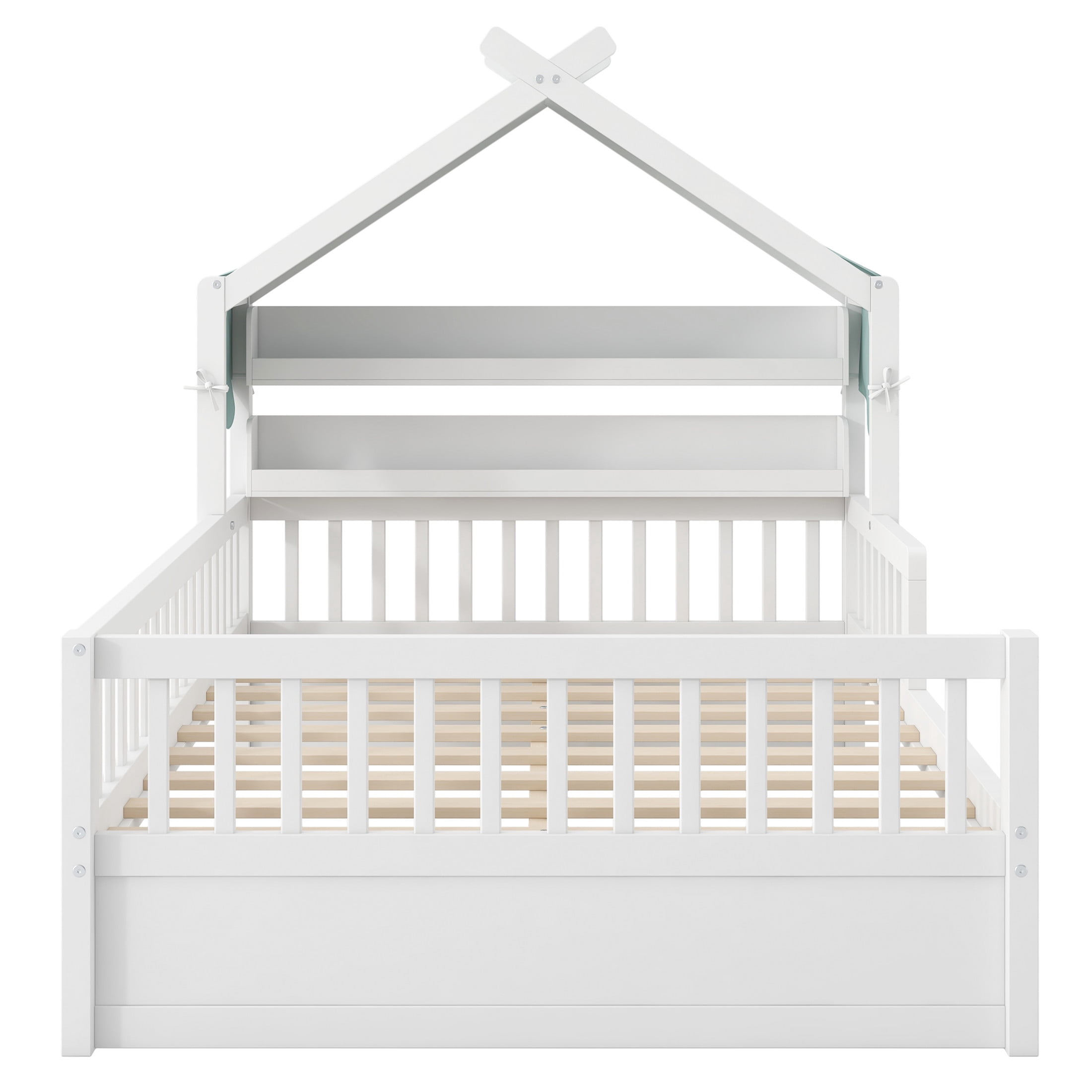 Noble House Full Size Wooden House Bed with Storage Headboard Shelf and Fabric Canopy, Playful Kid Rooms, White