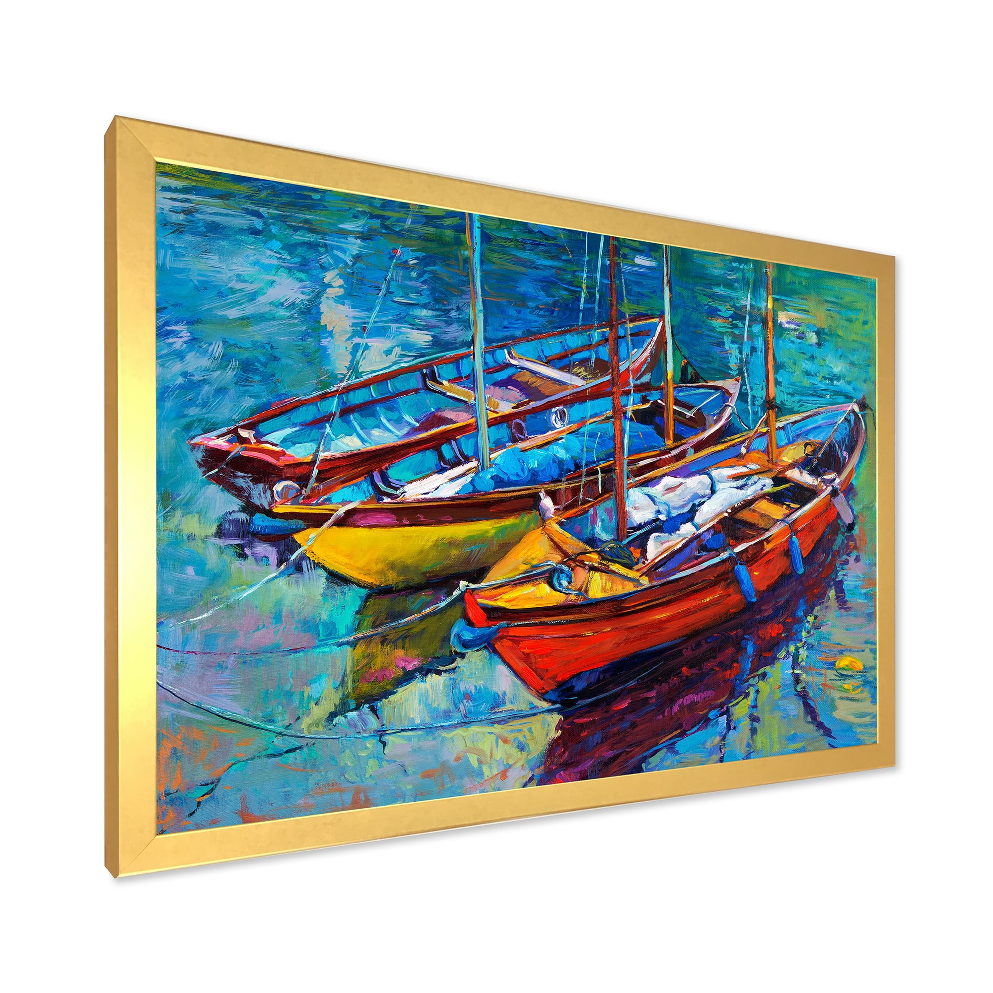 Designart 'Three Colorful Boats In The Harbor' Nautical & Coastal Framed Art Print