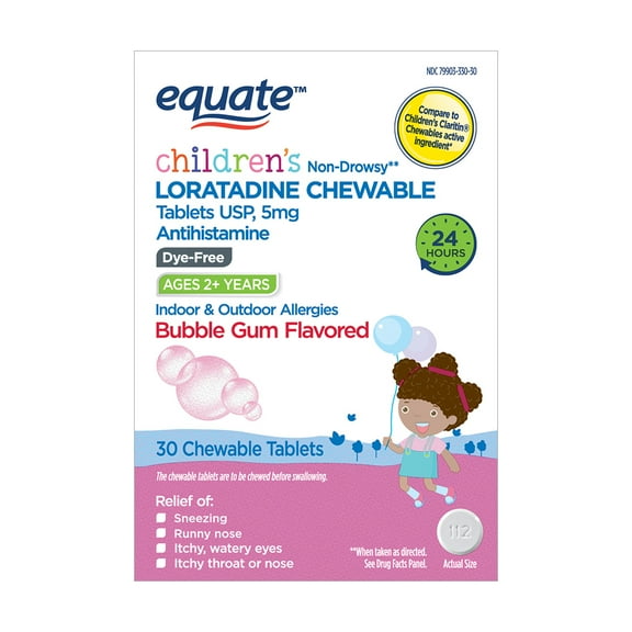 Equate Children's Loratadine Bubble Gum Flavored Chewable Tablets 5 mg, 30 Count