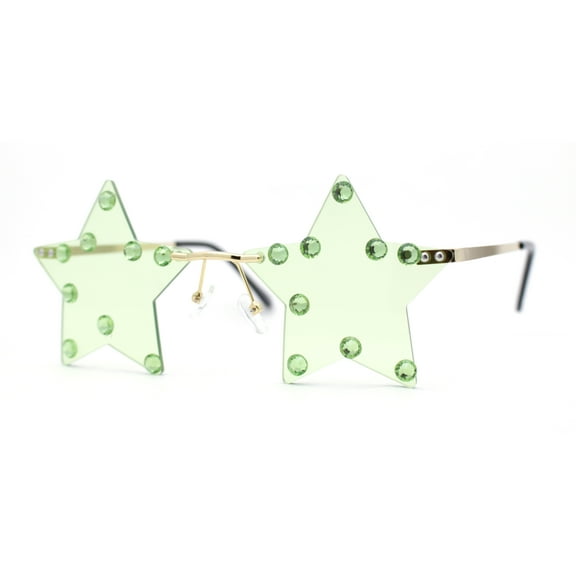 Rhinestone Studded Rimless Star Shape Hippie Color Sunglasses Gold - Green