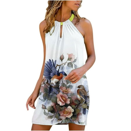 

Dresses for Women Casual Summer Sleeveless Floral Print Tank Dress Halter Neck Loose Beach Short Mini Sundresses