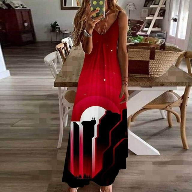 Dianli jusqu'à 60 % de Rabais Cadeaux Robes pour Femmes Col en V Sans Manches Maxi à Imprimé Floral Robes d'Été Mode de Soirée Taille Haute Ample Décontractée à Bretelles Spaghetti Robe Évasée Rouge P pour la Maison