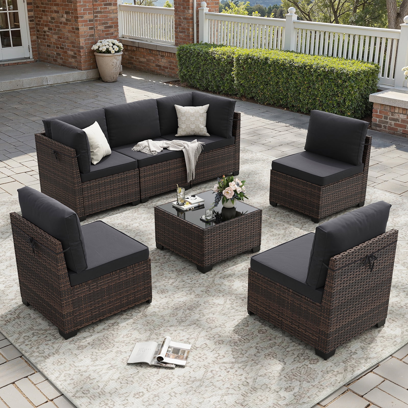 STARY 7 Pieces Outdoor Conversation Set, Patio Sectional PE Rattan Furniture Set for Backyard, Black
