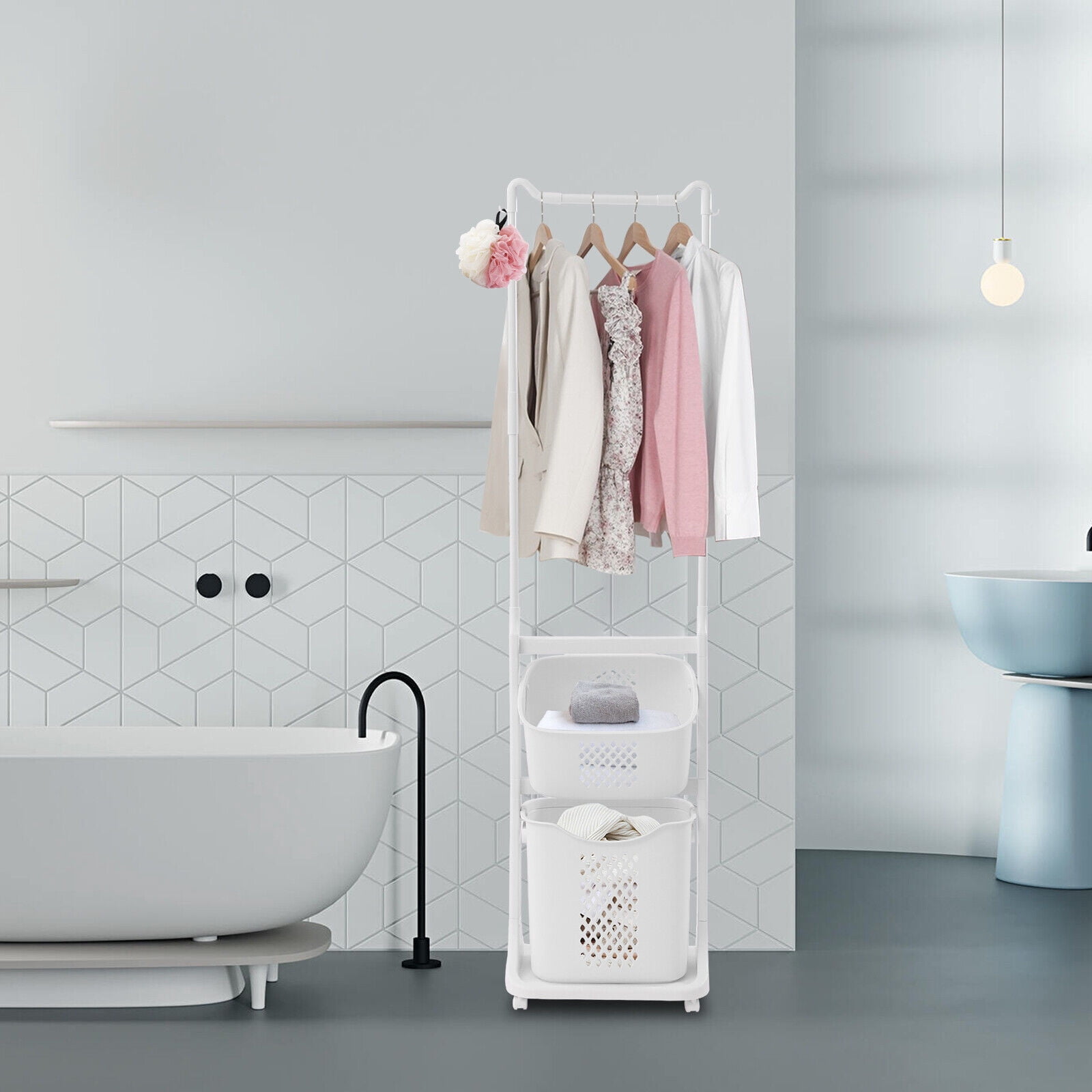 White Laundry Hamper Basket Sorter Wash Clothes Storage Organizer Rolling Rack Shelf Dirty Clothes Laundry Basket 17.3*13*68.5in