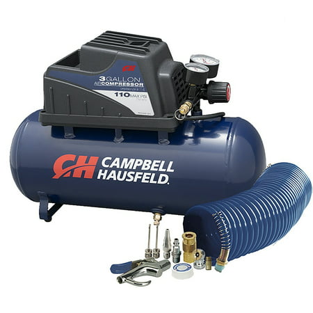 Air Compressor, Portable, 3 Gallon Horizontal, Oilless, w/ 10 Piece Accessory Kit Including Air Hose & Inflation Gun (Campbell Hausfeld