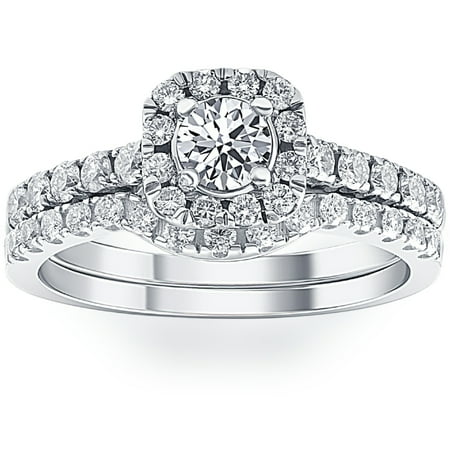 Pompeii 1 1/4Ct Cushion Halo Diamond Engagement Matching Wedding Ring Set 14K White Gold