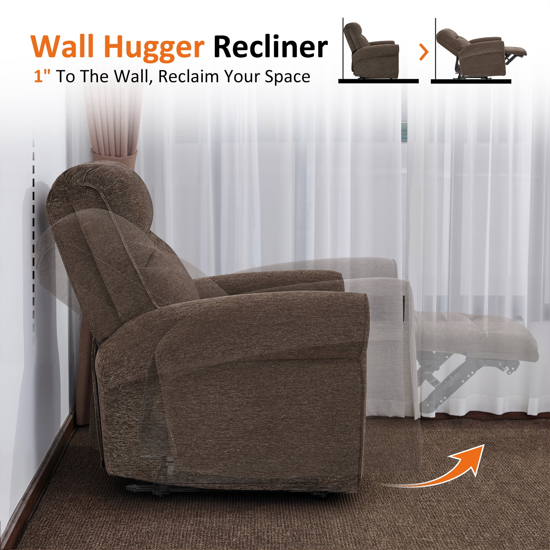 MCombo Small Wall Hugger Power Recliner Chair for Small Space RV Living Room, , Modern Roll Arm Recliner, Fabric, Dark Brown